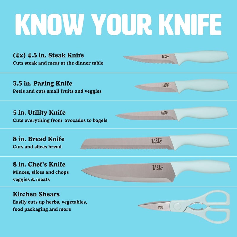 Tasty Kitchen Knife Set with Block, Cutlery Set includes Chef, Bread, Utility, Paring, Steak Knives & Shears, 10-Piece, Aqua - Image 3